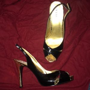 GUESS Black Sandals with Gold heel and Gold accent